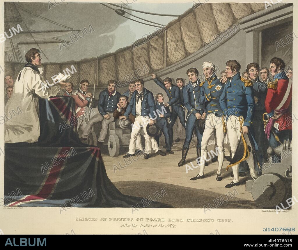 EDWARD ORME, J. A ATKINSON and CLARK & DUBOURG. On Lord Nelson's ship. Historic, military, and naval anecdotes of ... par. London, 1819. Sailors at prayers on board Lord Nelson's ship, after the Battle of the Nile.  Image taken from Historic, military, and naval anecdotes of particular incidents which occured to the armies of Great Britain and her allies in the last war, etc.  Originally published/produced in London, 1819. . Source: 9080.m.3, opposite 33.
