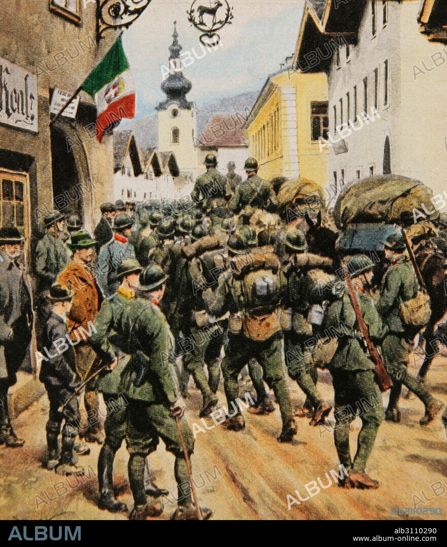PRIMERA GUERRA MUNDIAL (1914-1916). Tropas italianas ocupando una localidad austríaca. La Domenica del Corriere, Italia. Siglo XX.