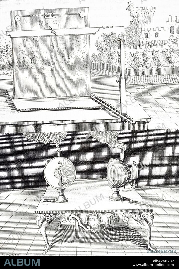 An engraving depicting a perspectograph an instrument used as an aid to drawing in perspective by fixing in the picture the positions of some of the points or outlines of the objects to be represented. Dated 18th century.