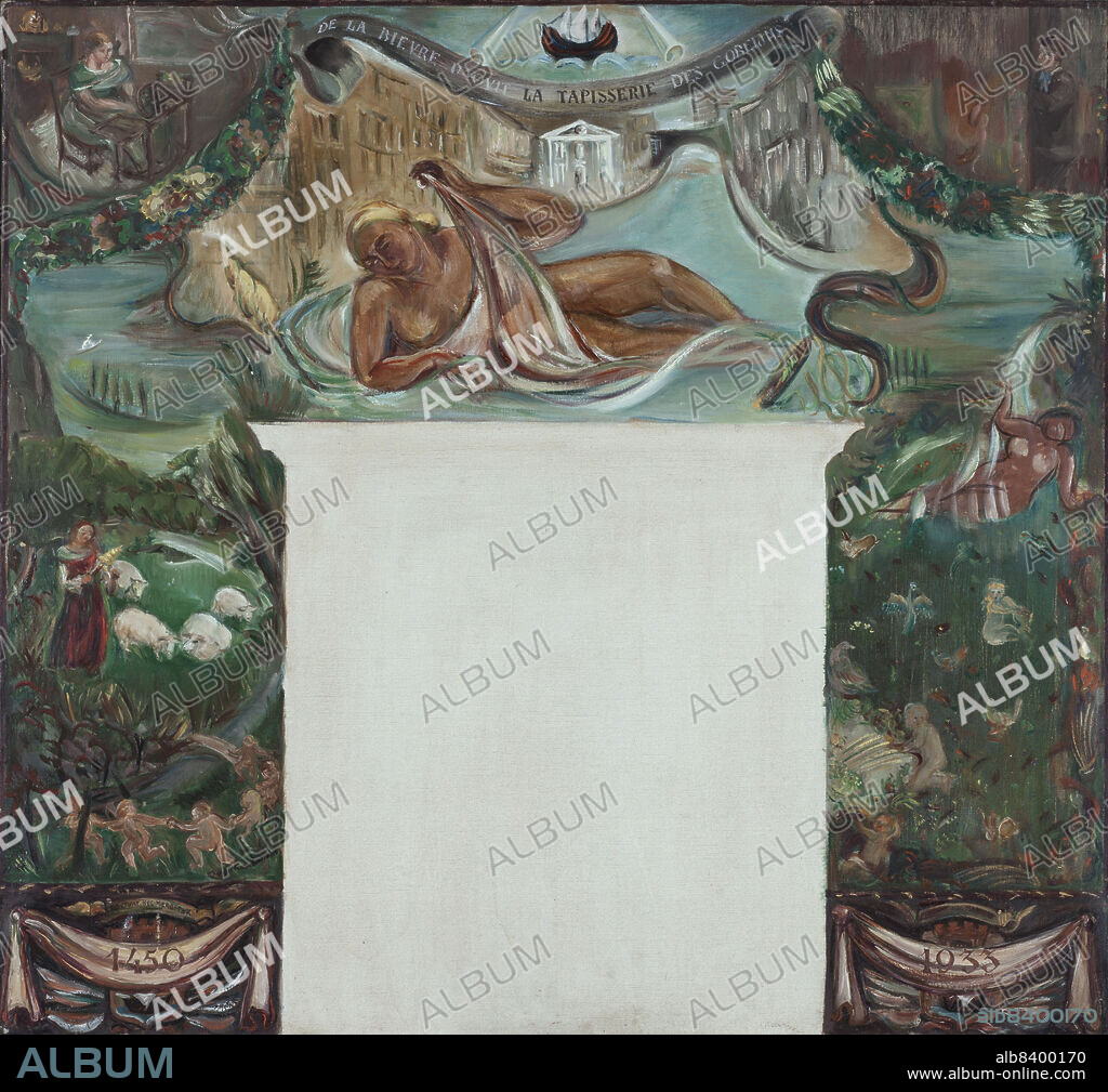 SYLVIE FERON-BAUCHER. Esquisse pour l'escalier d'honneur de la mairie du 13ème arrondissemnent de Paris : De la Bièvre naquit la tapisserie des Gobelins, c.1933. The River Bièvre gives birth to the Gobelins tapestry works.