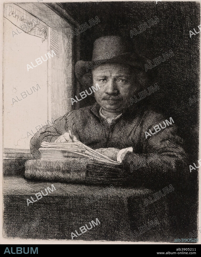 REMBRANDT. Self Portrait Drawing at a Window. Date/Period: 1648. Print. Etching, drypoint and burin on ivory laid paper Etching, drypoint and burin on ivory laid paper. Height: 156 mm (6.14 in); Width: 130 mm (5.11 in).