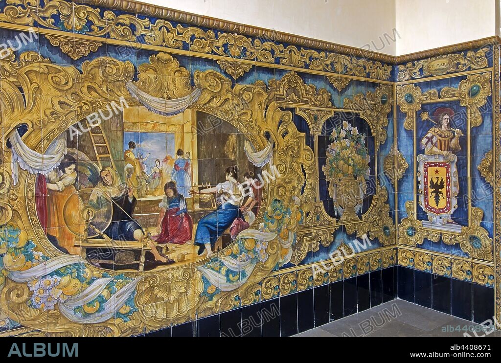 Casa de Tirado - 1842, Town hall, Tile: reproduction of "Las Hilanderas" by Diego Velazquez, La Palma del Condado, Huelva-province, Region of Andalusia, Spain, Europe.