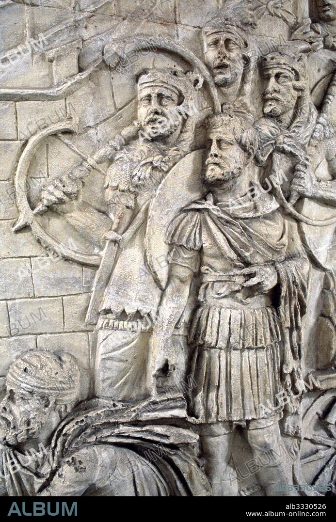 Detail from Trajan's Column in Rome, Italy, that commemorates Roman emperor Trajan's victory in the Dacian Wars. Completed in AD 113, the freestanding column is most famous for its spiral bas relief, which artistically describes the epic wars between the Romans and Dacians (101-102 and 105-106).