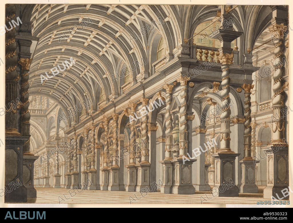 GIUSEPPE GALLI-BIBIENA (attributed). View inside long hall seen over an angle from right to left, decorated with twisted columns supporting arches, big vases between columns. Date: ca. 1740. Pen and brown ink, gray, brown, and green wash on paper, laid down.