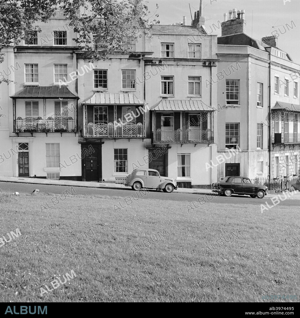 Sion Hill, Clifton, Bristol, 1945. 10, 11 and 12 Sion Hill, Clifton, with their attractive wrought iron balconies, date from 1786. Sion Hill forms one side of Clifton Green.