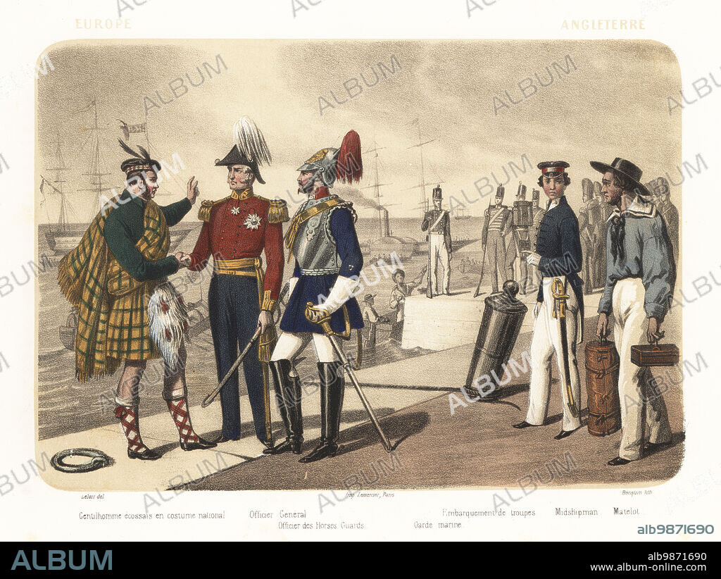 Military costumes of England and Scotland, 1858. Scottish highlander in kilt and sporran, army general in bicorne and officer of the Horse Guards in helmet and cuirass, marine guard, troop embarkation, naval midshipman and sailor. Sloops, sailing ships and steamships in port. Gentilhomme Ecossais en costume national, general, officier des Horses Guards, garde marine, embarquement de troupes, midshipman, matelot. Handcoloured and sepia-tinted lithograph by Jean-Adolphe Bocquin after an illustration by Auguste Leloir from Elisabeth Muller (pseudonym of Leonie Bedelet)s Le Monde en Estampes, The World in Prints, Amadee Bedelet, Paris, 1858.