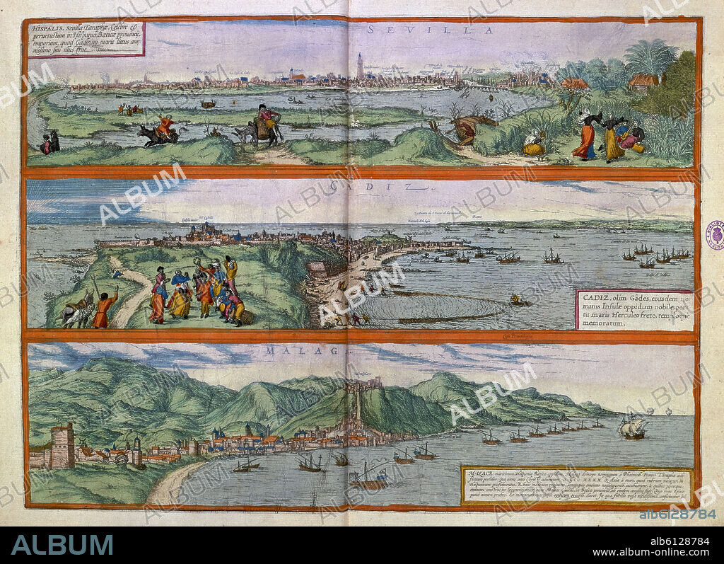 GEORG BRAUN 1541-1622 / FRANS HOGENBERG. CIVITATES ORBIS TERRARUM - SEVILLA CADIZ Y MALAGA - GRABADO - SIGLO XVI.