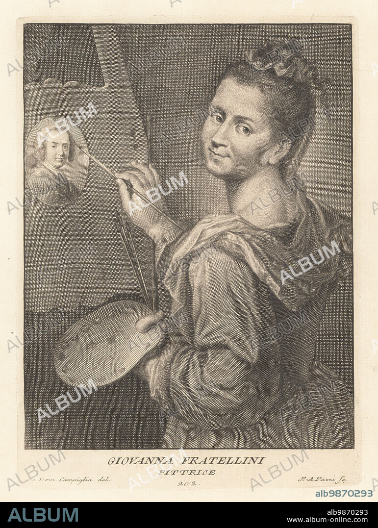 Giovanna Fratellini, born Giovanna Marmocchini Cortesi, Florentine artist and pastellist during the Baroque period, 1666-1731. With palette and paintbrushes before an oval miniature on an easel. Pittrice. Copperplate engraving by Pietro Antonio Pazzi after Giovanni Domenico Campiglia after a self portrait by the artist from Francesco Moucke's Museo Florentino (Museum Florentinum), Serie di Ritratti de Pittori (Series of Portraits of Painters) stamperia Mouckiana, Florence, 1752-62.