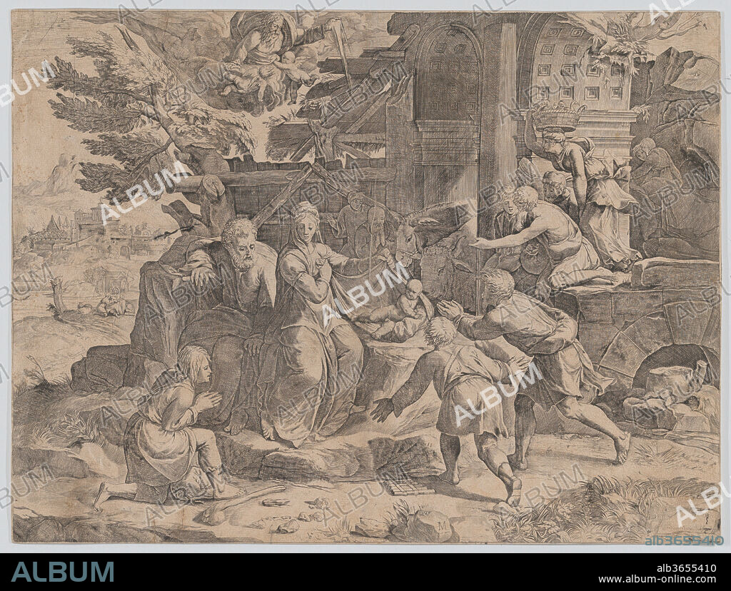 The Adoration of the Shepherds. Artist: Cornelis Cort (Netherlandish, Hoorn ca. 1533-1578 Rome); After Polidoro da Caravaggio (Italian, Caravaggio ca. 1499-ca. 1543 Messina). Date: 1569.