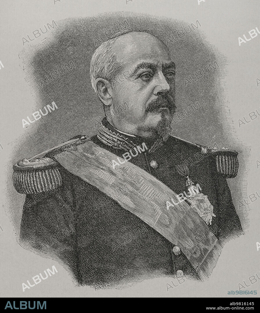 François Achille Bazaine (1811-1888). Mariscal de Francia. Participó en la Guerra de Argelia, Guerra de Crimea, en la Segunda Intervención Francesa en México y en la Guerra Franco-Prusiana. Retrato. Grabado. "Historia de la Guerra Franco-Alemana de 1870-1871". Publicada en Barcelona, 1891.