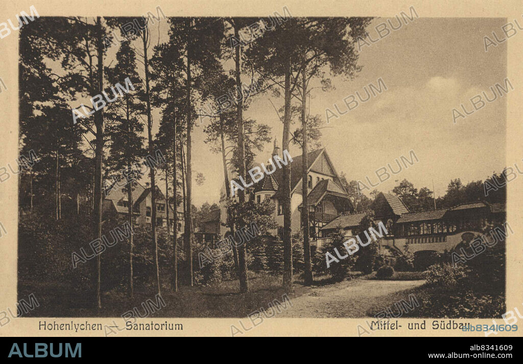 Sanatorium in Hohenlychen, Landkreis Uckermark im Norden von Brandenburg, Deutschland, Ansicht um ca 1910, digitale Reproduktion einer historischen Postkarte, public domain, aus der damaligen Zeit, genaues Datum unbekannt.