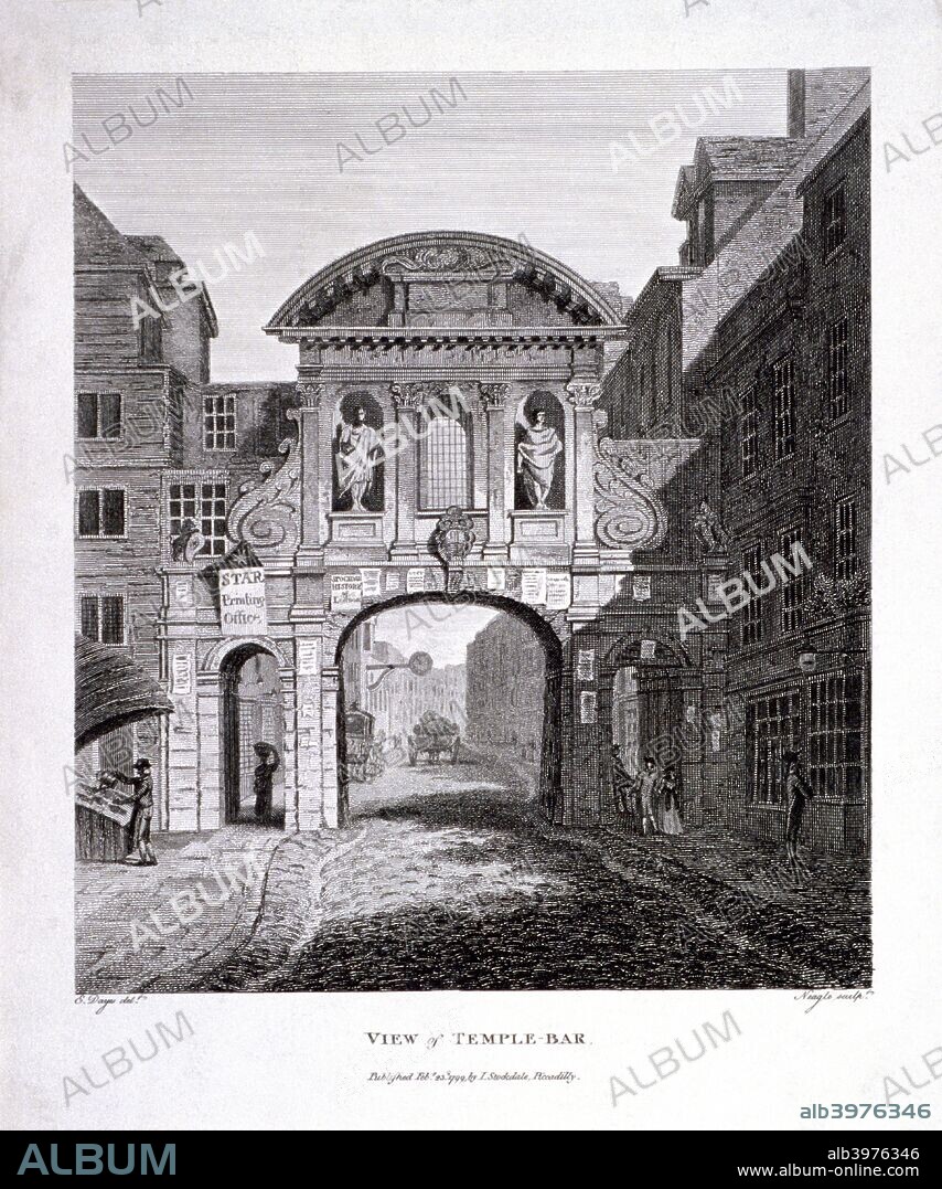 View of the west side of Temple Bar, with a sign for the Star Printing Office on the left, London, 1799.