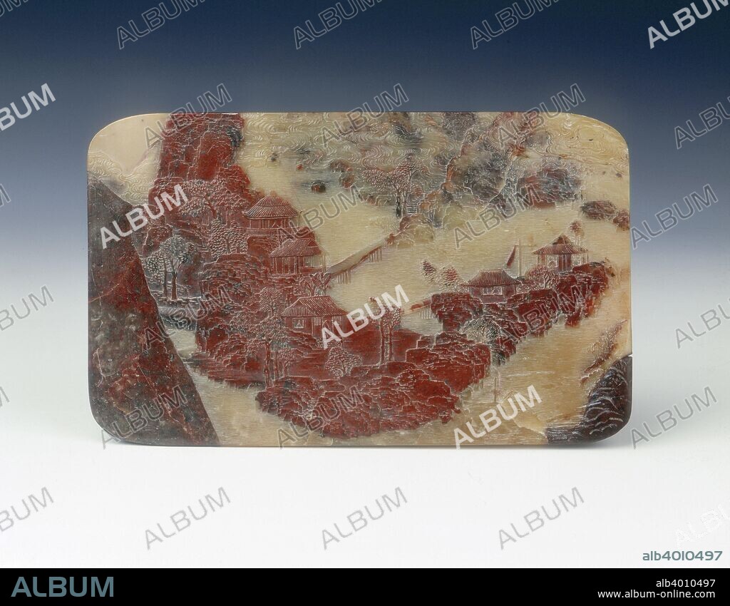 Carved soapstone plaque with landscape, China, mid-18th century. Qing dynasty rectangular soapstone plaque of yellowish-green colour with extensive red and grey suffusions, carved with a landscape scene of hills, trees, pavilions and a bridge. The other side of the plaque shows a scene from 'The Ode to the red cliffs', by the well-known Song poet Su DongPo (1036-1101) otherwise known as Su Shi.