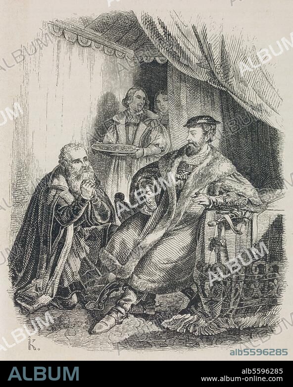 Karl V., röm.-dt. Kaiser u. König v. Spanien. 1500-1558. - "Karl V. und Lukas Cranach". (Schmalkaldischer Krieg; Cranach, Mai 1547, im Feldlager bei Wittenberg bittet um Freilassung Johann Friedrichs von Sachsen). Holzstich n. Joh. J.Kirchhoff (1796-1848). Aus: E.Duller, Geschichte des deutschen Volkes, Bd. 2, Berlin (F.Kortkampf) 1866. Berlin, Sammlung Archiv für Kunst und Geschichte.