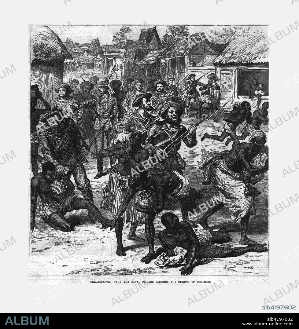 'The Ashantee War: the Naval Brigade Clearing the Streets of Coomassie', 1874. British sailors terrorising the inhabitants of Kumasi (in what is now Ghana), in a scene from the Anglo-Ashanti war. Published in The Illustrated London News, 21 March 1874.