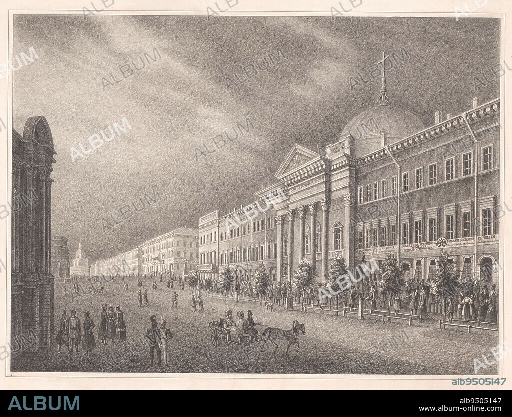 Numbered top right: 2, View of the Dutch church, at St Petersburg Maison de l', print maker: Schütz, printer: Johann Velten, (mentioned on object), publisher: Johann Velten, (mentioned on object), printer: Karlsruhe, publisher: Sint-Petersburg, 1820 - 1899, paper, h 384 mm × w 479 mm.