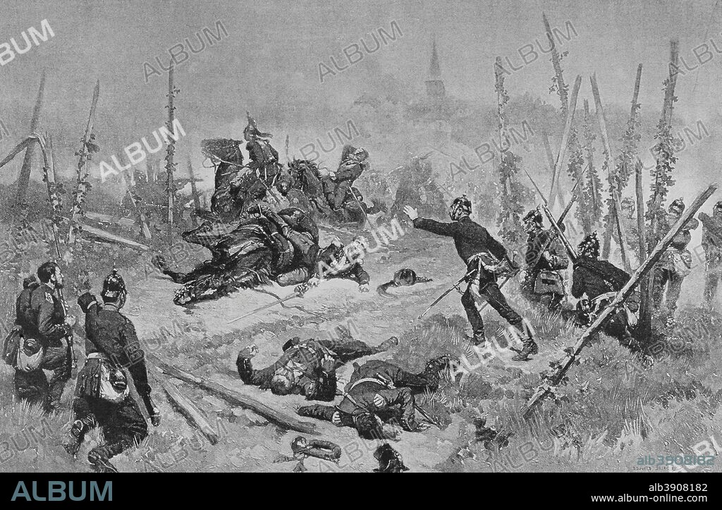 Guerra Franco-Prusiana (1870-1871). El sublugarteniente de Villers en Morsbronn. Grabado. Original por Edouard Detaille (1848-1912). En Campagne, por Jules Richard. Obra editada en París en 1885. Biblioteca Histórico Militar de Barcelona. Cataluña. España.