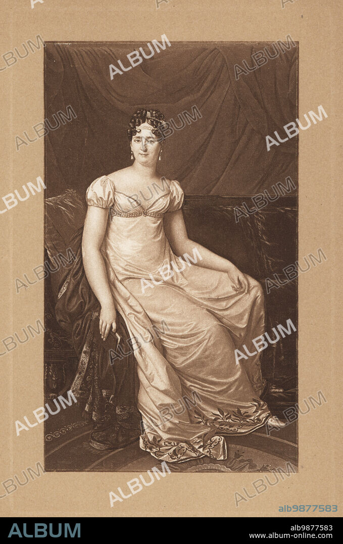 Full length portrait of Louise-Francoise Lauberie de Saint-Germain. 1769-1850. Had an affair with Napoleon Bonaparte in 1787, later Comtesse de Montalivet after her marriage to Jean Pierre Bachasson de Montalivet in 1797. Mezzotint by Michel Manzi and Maurice Joyant after a painting by Jacques Augustin from Frederic Massons Napoleon et les Femmes, Napoleon and the Fair Sex, Goupil, Paris, 1906.