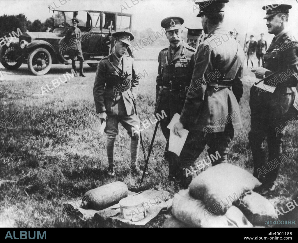 King George V and Edward, Prince of Wales at the front, France, World War I, 1914-1918. Edward joined the Grenadier Guards in June 1914 and was keen to serve on the front line. The Secretary of War, Lord Kitchener, refused to permit him to do so however, citing the damage to national morale if the heir to the throne should be captured. Despite this, Edward visited the front as often as he could, which gained him considerable popularity with veterans of the conflict.