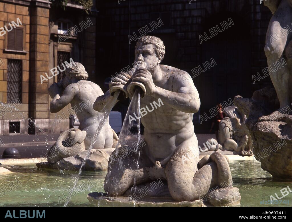 Roman Mythology. Statues in the Fountain of the Tritons, Navona Square, Rome.