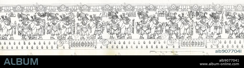Line drawing of the scenes that run around the edges of the Stone of Tizoc. The Stone of Tizoc a large, round, carved Aztec stone thought to have been a quauhxicalli, in which the hearts of victims of sacrifice were placed. Dated 18th Century.