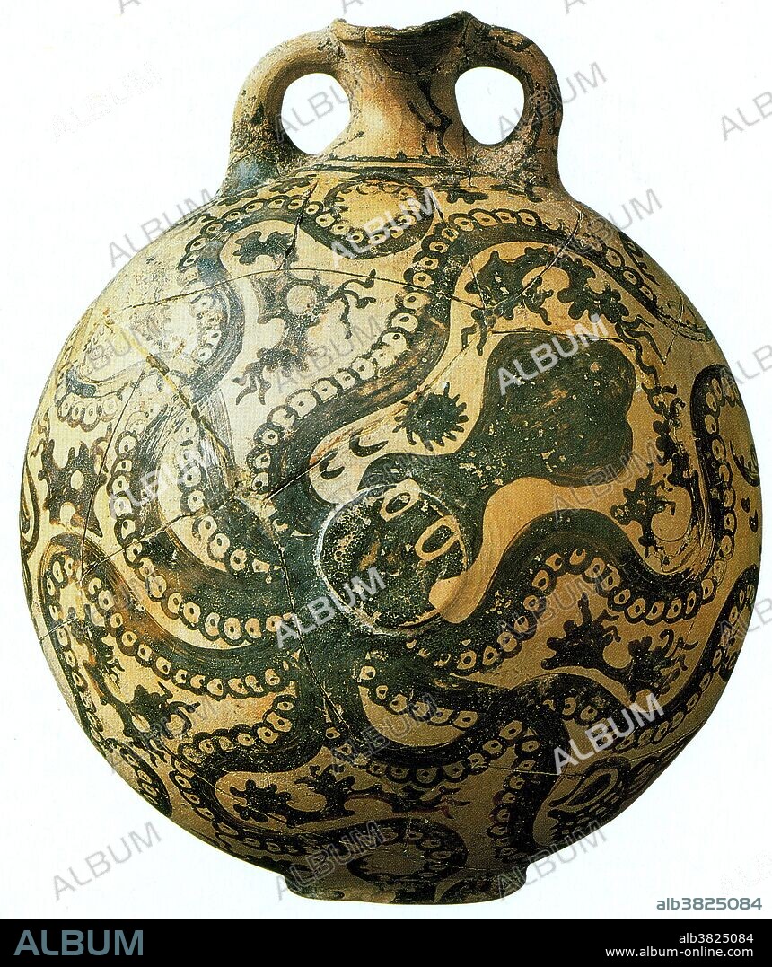 The sea was a recurring theme in the art of Minoan Crete, reflecting the important role that it played in everyday lives of the people. Octopus motifs, such as the one shown ere often used to decorate vases. An octopus is a cephalopod mollusk of the order Octopoda. It has two eyes and four pairs of arms and, like other cephalopods, it is bilaterally symmetric. An octopus has a hard beak, with its mouth at the center point of the arms. An octopus has no internal or external skeleton (although some species have a vestigial remnant of a shell inside their mantles), allowing it to squeeze through tight places. Octopuses are among the most intelligent and behaviorally flexible of all invertebrates. Octopuses inhabit many diverse regions of the ocean, including coral reefs, pelagic waters, and the ocean floor. They have numerous strategies for defending themselves against predators, including the expulsion of ink, the use of camouflage and deimatic displays, their ability to jet quickly through the water, and their ability to hide. An octopus trails its eight arms behind it as it swims. All octopuses are venomous, but only one group, the blue-ringed octopus, is known to be deadly to humans.