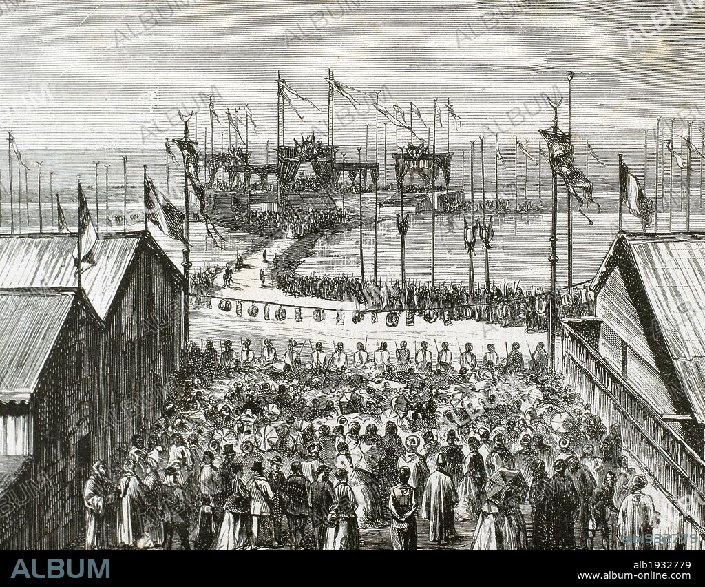 EGIPTO. ISTMO DE SUEZ. Bendición del CANAL DE SUEZ, en Puerto-Said. Grabado del año 1870.