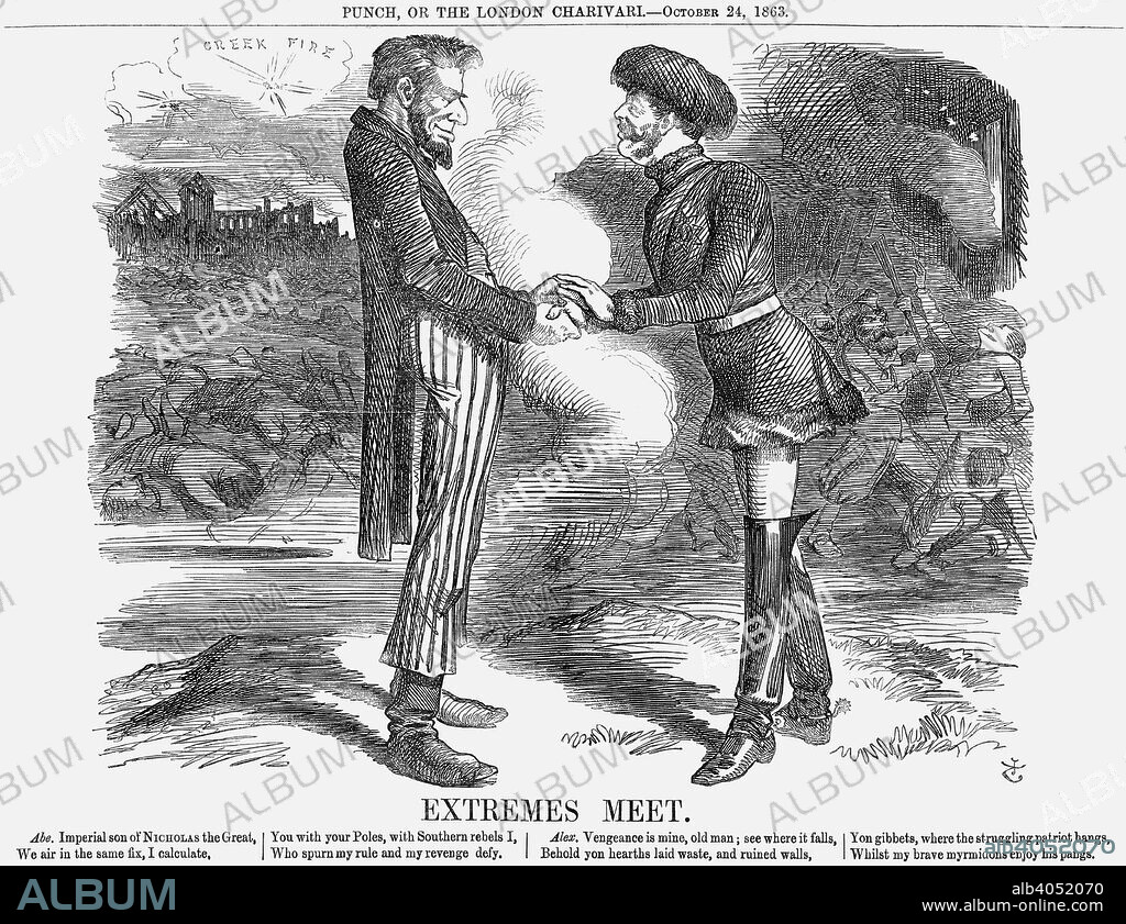 'Extremes Meet', 1863. This cartoon depicts Abraham Lincoln on the left and Alexander II on the right, shaking hands across the divide, and with fighting and death taking place behind them. The Polish uprising against Russia was continuing, as was the American Civil War. However, Mr Punch tells us that in the midst of their various troubles, there were 'friendly approximations between Russia and the United States'. From Punch, or the London Charivari, October 24, 1863.