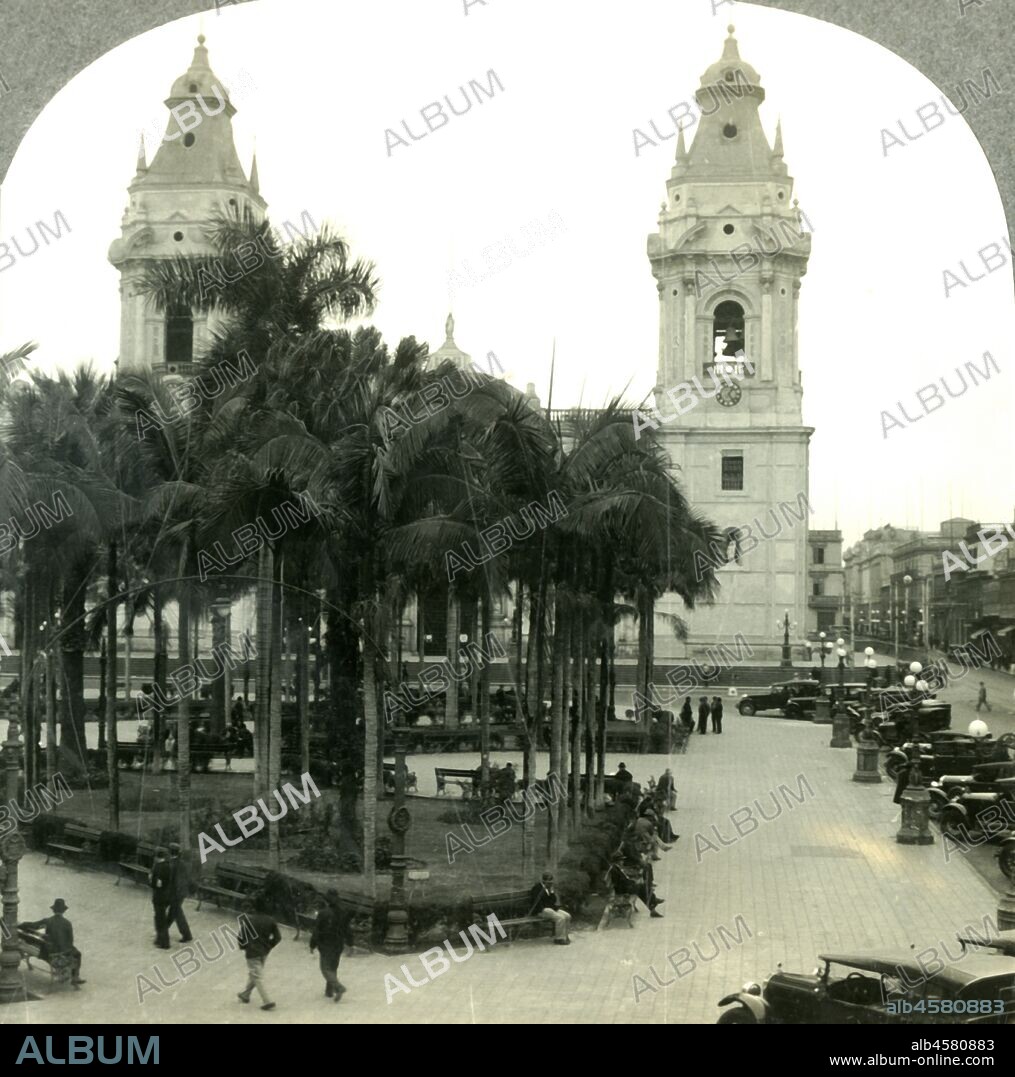 'The Plaza de Armas and the Cathedral of Lima, Peru', c1930s. Work on Roman Catholic Lima Cathedral on the Plaza Mayor was a Spanish colonial project completed in 1649. From "Tour of the World". [Keystone View Company, Meadville, Pa., New York, Chicago, London].