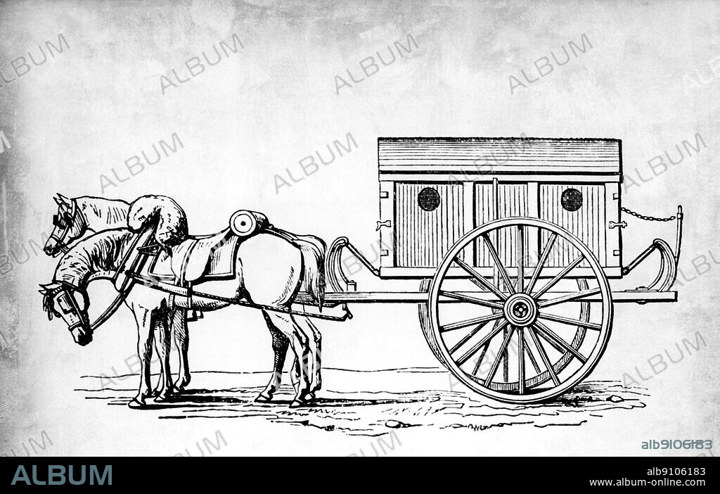 Side elevation of Larrey's "voiture d'ambulance volante a deux roues" or flying ambulance cart - from "A treatise on the transporting sick and wounded troops" by Inspector General T. Longmore 1866. ©TopFoto.