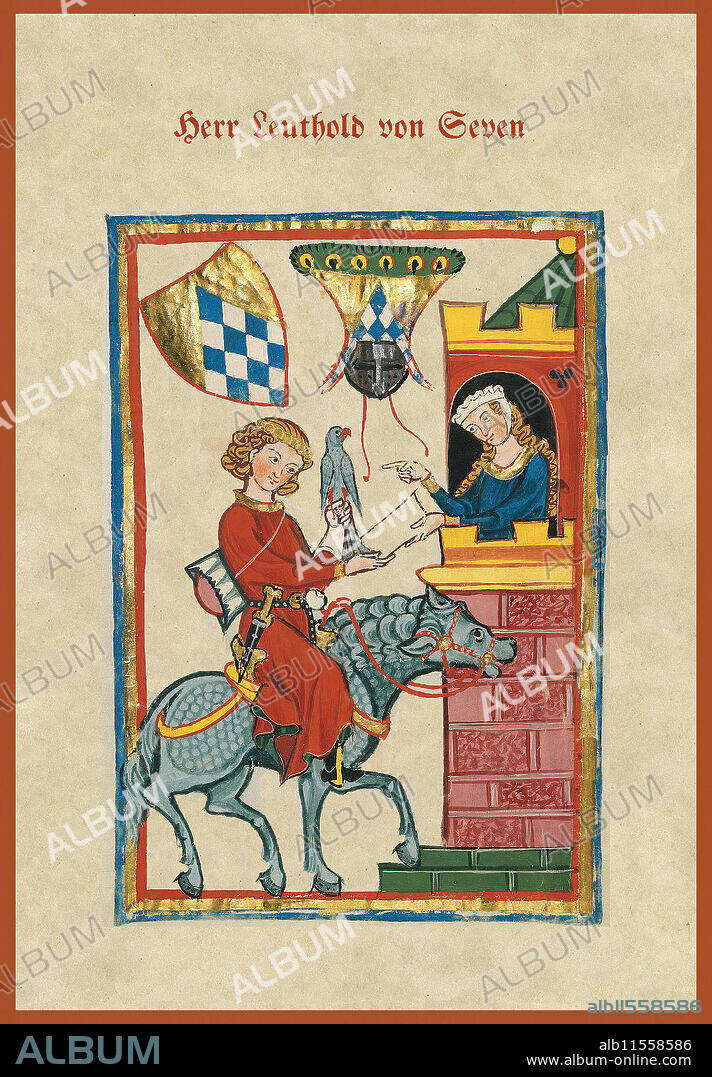 CODEX MANESSE. medieval songbook; The minstrel, shown here on horseback is a native of Styria Leuthold of Saven (not by Seven); he was at home in Untersafen, today Safenau, northeast of Graz. He accompanied Duke Leopold VI probably. of Austria in 1218 on his train to Egypt. Young boy on mule or donkey or perhaps a pony is a falconer and receives an note from a maiden in a castle keep.