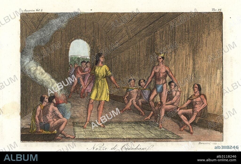 Wedding dance of the Iroquois, Native Americans of Canada. The bride and groom dance on a mat holding a long stick as they recite their vows, before breaking the stick. Handcoloured copperplate engraving by Bernieri from Giulio Ferrario's Ancient and Modern Costumes of all the Peoples of the World, Florence, Italy, 1837.
