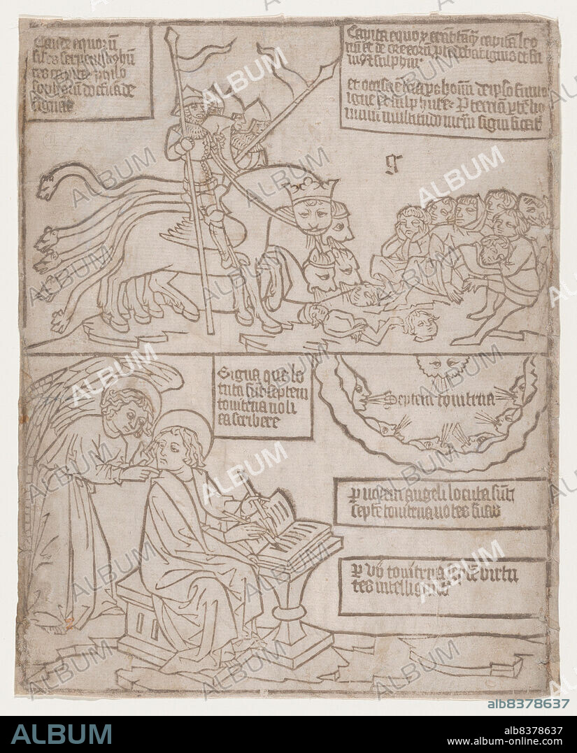 ANON. The Angels of the Euphrates Killing Mankind; and The Angel Preventing Saint John from Recording the Words of the Seven Thunders from an Apocalypse blockbook, 2nd edition, 1440-1450.