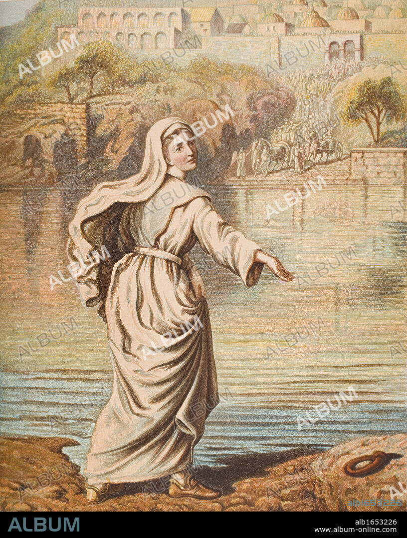 Christiana entering the river. From the book "The Pilgrim's Progress" by John Bunyan, from late 19th century edition.