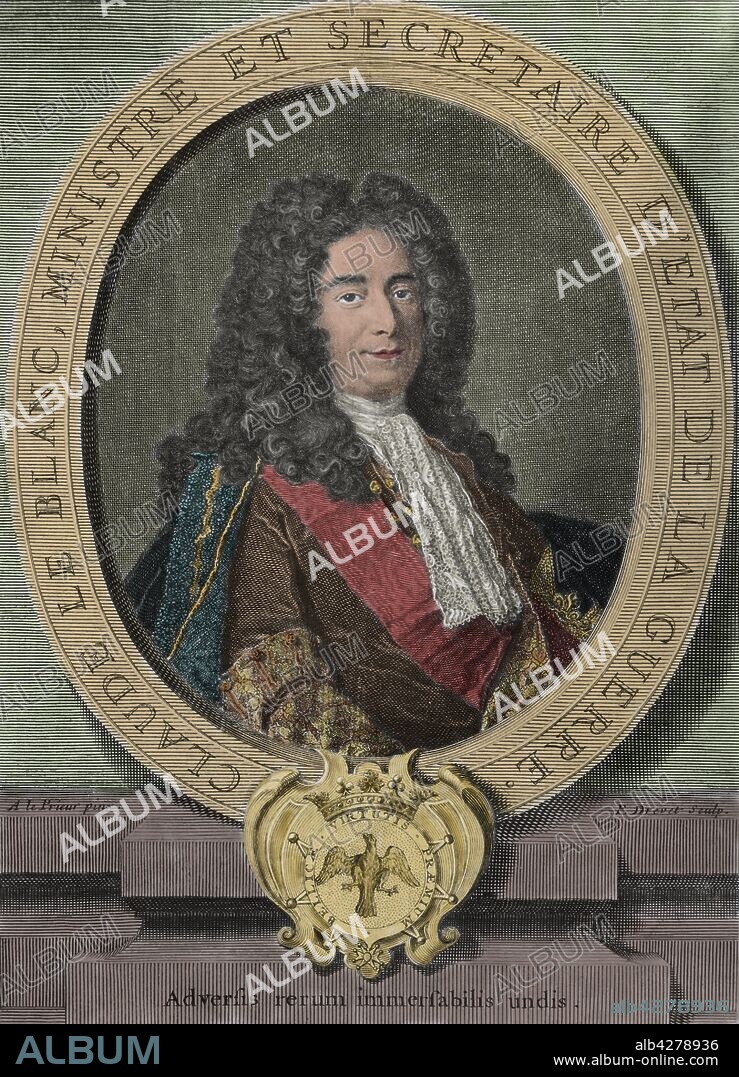 Retrato de Claude Le Blanc (1669-1728). Funcionario real francés del antiguo régimen. Secretario de Estado para la Guerra. Grabado coloreado. Historia de Polibio. Edición francesa traducida del griego por Dom Vincent Thuillier. Comentarios o Cuerpos de Ciencia Militar enriquecidos con notas críticas e histórica por M. de Folard. París, chez Pierre Gandouin, Julien-Michel Gandouin, Pierre-François Giffart y Nicolas-Pierre Armand,1727. Imprenta de Jean-Baptiste Lamesle. Tomo I.