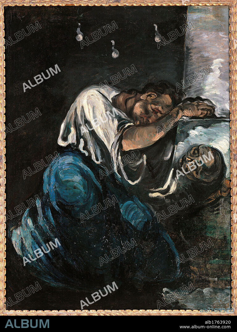 The Magdalene (The Sorrow), by Paul Czanne, 1869 about, 19th Century, oil on canvas, cm 165 x 125,5. France, Ile de France, Paris, Muse dOrsay. All. Kneeling woman black white blue weeping despair skull shirt prayer pray.