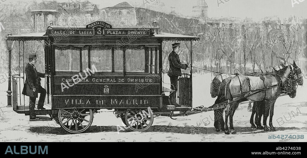 España, Madrid. Modelo de los carruajes de la nueva línea de Omnibus Rippert. Servicio público inaugurado en la capital el dia 1 de abril de 1882, en la línea de la calle de Lista a plaza de Oriente. En el momento de la inauguración, la propietaria era la Compañía General de Ómnibus Villa de Madrid. Grabado. La Ilustración Española y Americana, 8 de abril de 1882.