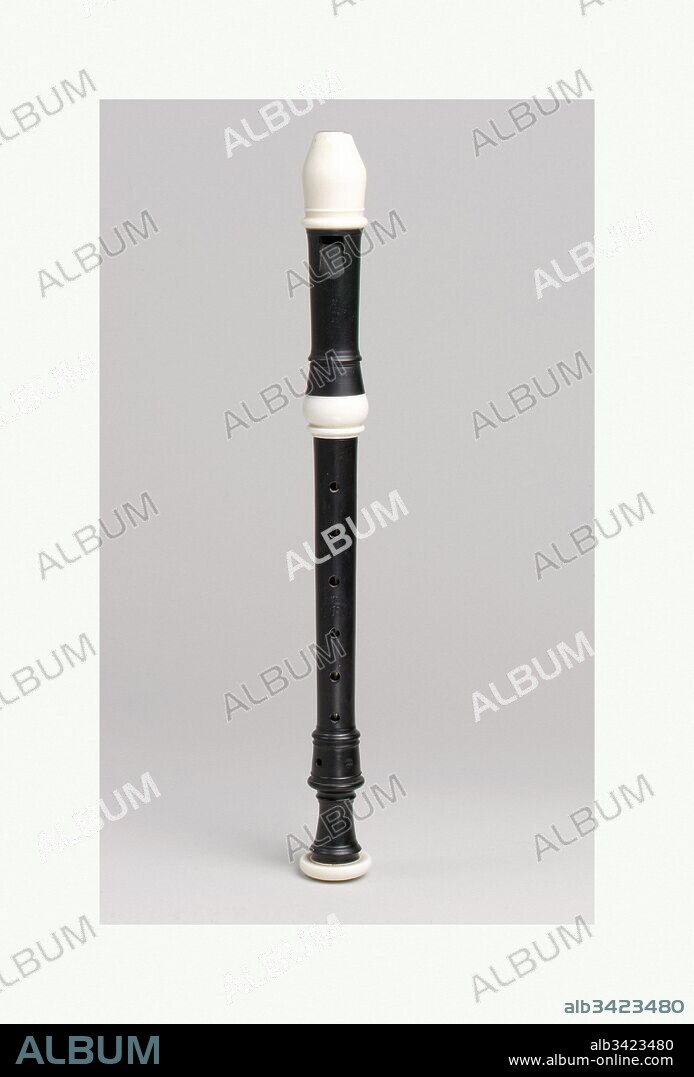 Soprano Recorder in B, ca. 1700, Netherlands, Dutch, Ebony, ivory, Height: 13 5/8 in. (34.6 cm), Aerophone-Whistle Flute-recorder, Thomas Coenraet Boekhout (Kampen 1666–1715 Amsterdam), Thomas Boekhout built recorders, flutes, oboes, and bassoons, and there even survives a (very early) clarinet from his workshop, but he was perhaps best regarded in his day for his bass recorders. The lowest pitch of this beautiful recorder is B', and it may be an example of a soprano in B' flat, also known as a fourth flute because it is pitched a fourth above the alto in F'.