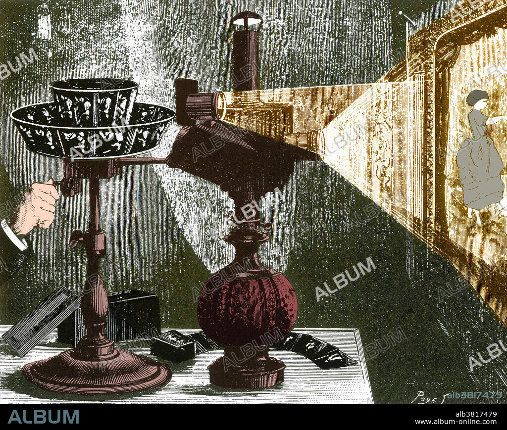 The praxinoscope was an animation device, the successor to the zoetrope. It was invented in France in 1877 by Charles-Emile Reynaud. Like the zoetrope, it used a strip of pictures placed around the inner surface of a spinning cylinder. The praxinoscope improved on the zoetrope by replacing its narrow viewing slits with an inner circle of mirrors, placed so that the reflections of the pictures appeared more or less stationary in position as the wheel turned. Someone looking in the mirrors would therefore see a rapid succession of images producing the illusion of motion, with a brighter and less distorted picture than the zoetrope offered.