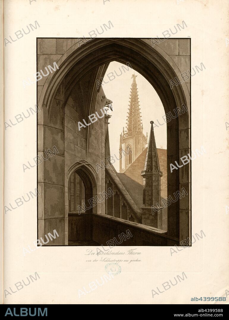 The druchbrochene tower seen from the Schlosstreppe, Cave tower of Meissen Cathedral, signed: Schwechten del. Et sculp, pl. 21, after p. 11, Schwechten, Friedrich Wilhelm (del. et sculp.), Friedrich Wilhelm Schwechten: Der Dom zu Meissen: vollständig auf 22 Tafeln dargestellt. Potsdam: Verlag von Ferdinand Riegel, 1849.