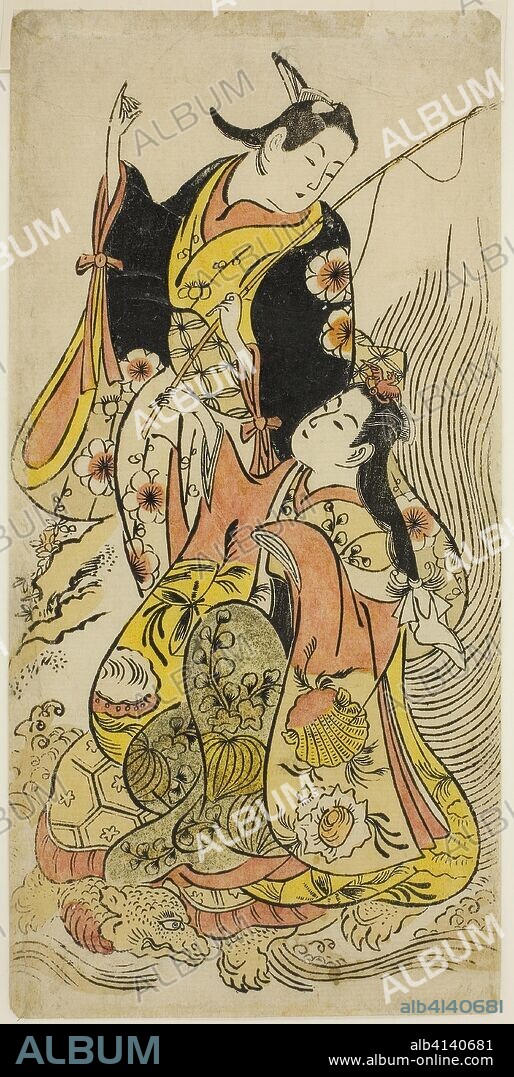 A Modern Version of Urashima Taro. Attributed to Torii Kiyomasu II; Japanese, 1706 (?)-1763 (?). Date: 1730-1739. Dimensions: 30.2 x 14.7 cm (11 3/4 x 5 3/4 in.). Hand-colored woodblock print; hosoban, urushi-e. Origin: Japan.