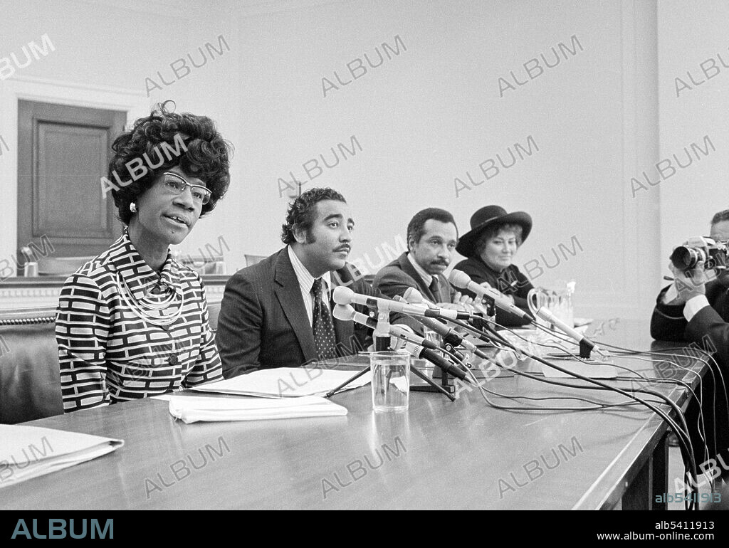 Congresswoman Shirley Chisholm announcing her candidacy for the presidential nomination, from left to right: Chisholm, Charles B. Rangell, Parren Mitchell and Bella Abzug. Shirley Anita St. Hill Chisholm (November 30, 1924 - January 1, 2005) was an American politician, educator, and author. She was a Congresswoman, representing New York's 12th District from 1969-83. In 1968, she became the first African-American woman elected to Congress. In 1972, she became the first major-party black candidate for President and the first woman to run for the Democratic presidential nomination. Photographed by Thomas J. O'Halloran, January 25, 1972.