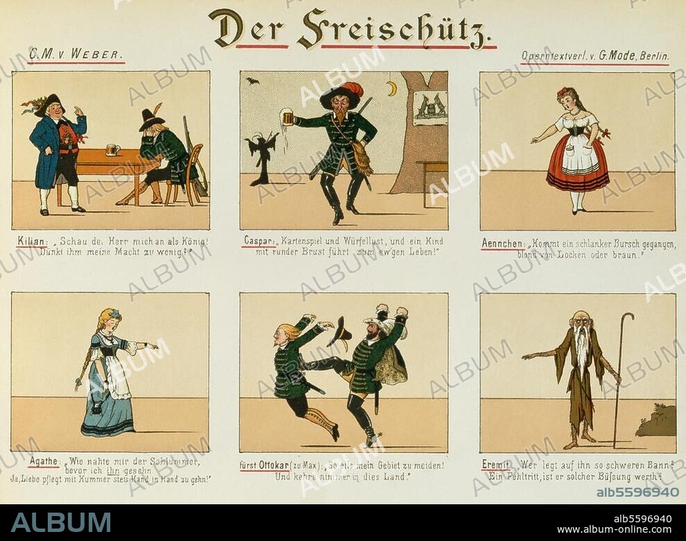 Weber, Carl Maria von ; compositeur allemand 1786-1826. Oeuvre : Der Freischütz (opéra ; livret: F.Kind ; 1ère 1821). "Der Freischütz". (Livres d'images avec six scènes). Litho. coul., non signée, Berlin (Operntextverlag G.Mode) (vers 1890). Paris, Bibliothèque de l'Opéra.