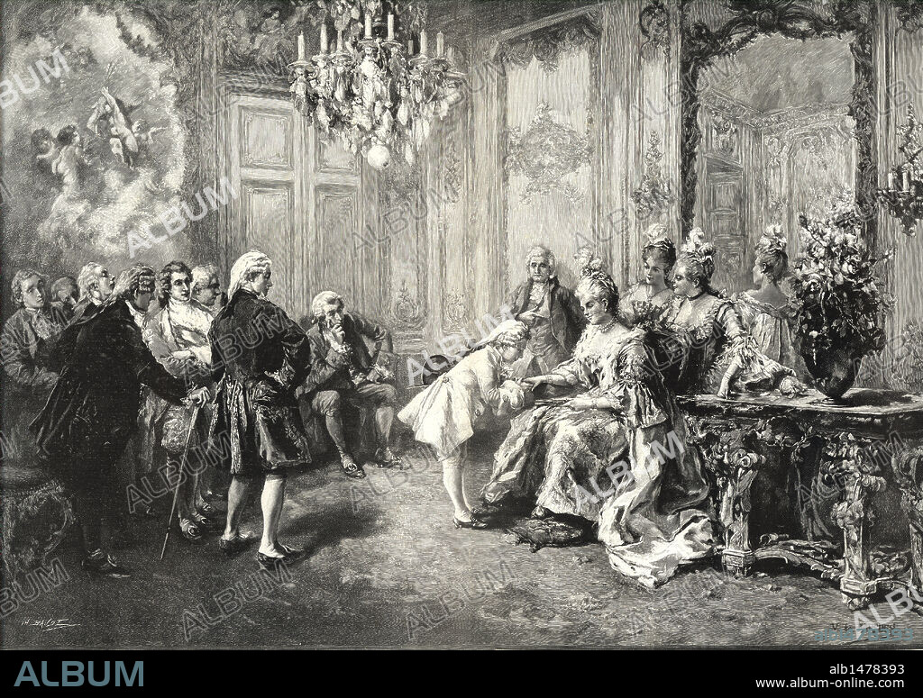 Johann Wolfgang Amadeus Mozart (Salzburg, 1756-Viena, 1791), compositor austríaco de música clásica, en la casa de Madame Pompadour. Grabado de 1899. Autor V. De Paredes.