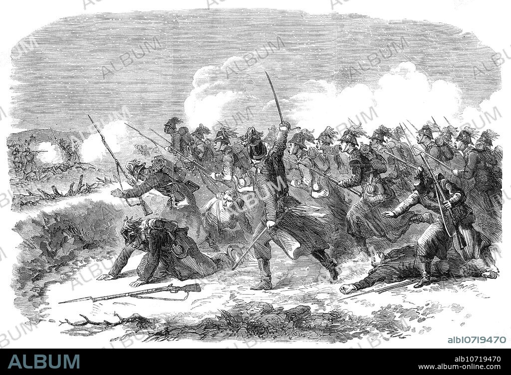 The War in Schleswig: the Battle of Over-Selk - from a sketch by our special artist, 1864. The Battle of Königshügel, also known as the Battle of Ober-Selk, was a battle in the Second Schleswig War where Austrian Major General Gondrecourt and his infantry brigade succeeded in occupying the area in front of the Danevirke near Ober-Selk and taking the strategically important village of Königshügel in Schleswig-Holstein. From "Illustrated London News", 1864.
