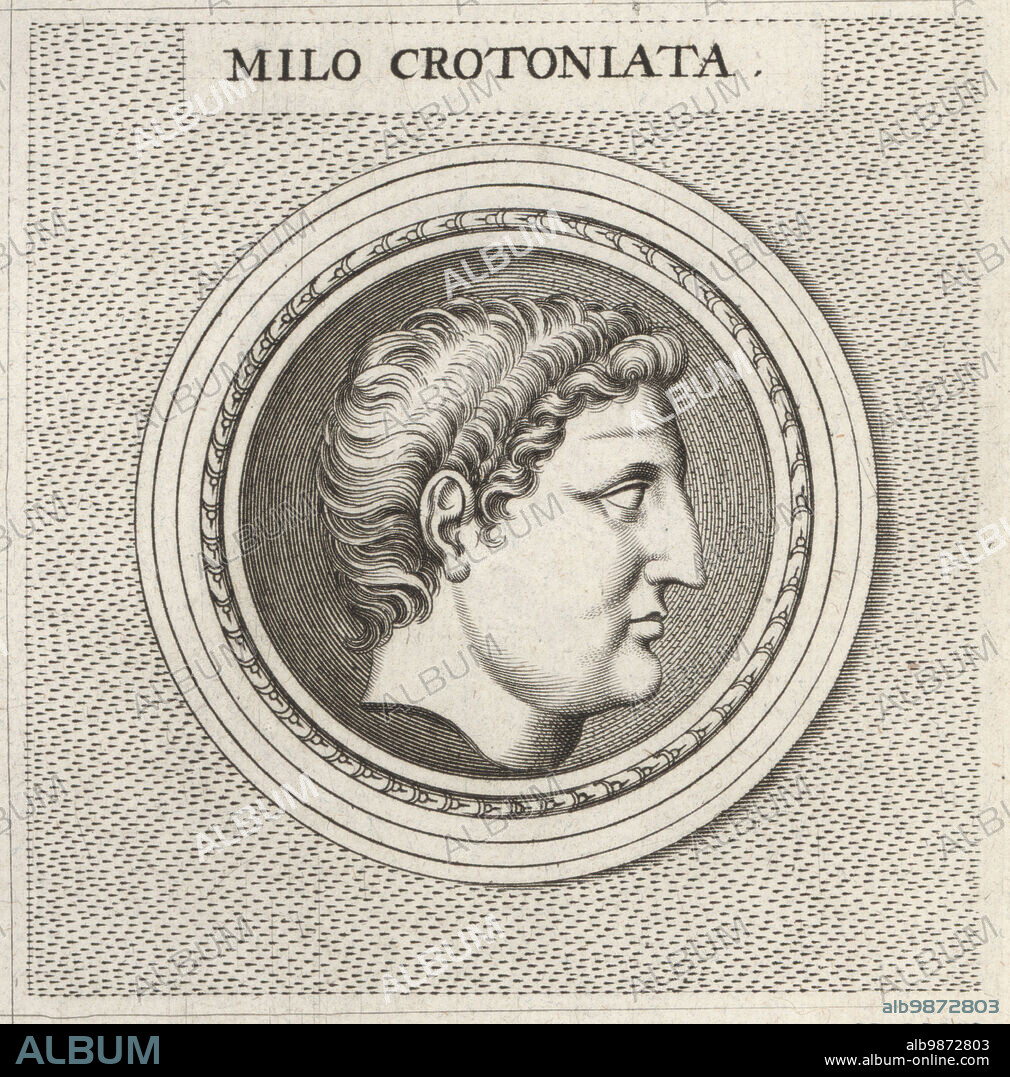 Milo of Croton, famous ancient Greek athlete, 6th century BC. Champion wrestler at many Olympiads and Pythian Games. Milo Crotoniata. Copperplate engraving after an illustration by Joachim von Sandrart from his LAcademia Todesca, della Architectura, Scultura & Pittura, oder Teutsche Academie, der Edlen Bau- Bild- und Mahlerey-Kunste, German Academy of Architecture, Sculpture and Painting, Jacob von Sandrart, Nuremberg, 1675.
