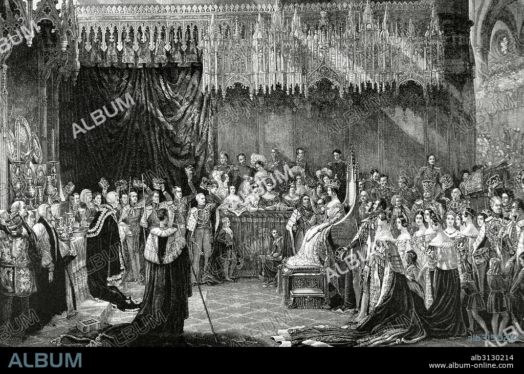 VICTORIA I (1819-1901). Reina del Reino Unido de 1837-1901. "Coronación de la reina Victoria de Inglaterra en la Abadía de Westminster, 28 de junio de 1838". Grabado extraido de una pintura de G. Hayter. l Almanque de La Ilustración, 1888.