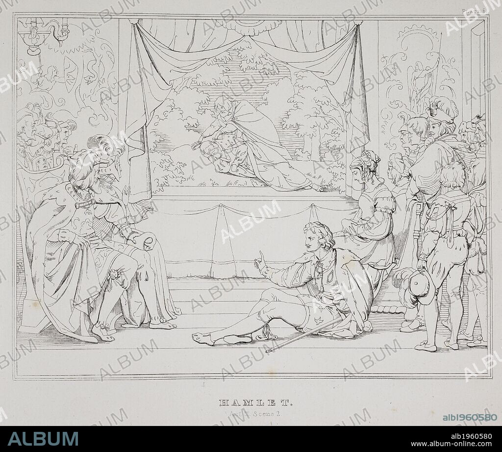 Scene from the Play Hamlet by William Shakespeare. A tragedy. Drawing. . Hamlet trageÌdie de W. Shakspeare. Paris France 1830. RETZSCH, Friedrich August Moritz. Hamlet, trageÌdie de W. Shakspeare. XVI. dessins dâ€™apreÌ€s Maurice Retzsch. Avec un texte explicatif, et des sceÌ€nes de Shakspeare. Paris, [1830?]. Source: 1871.b.11 plate 6. Language: French.