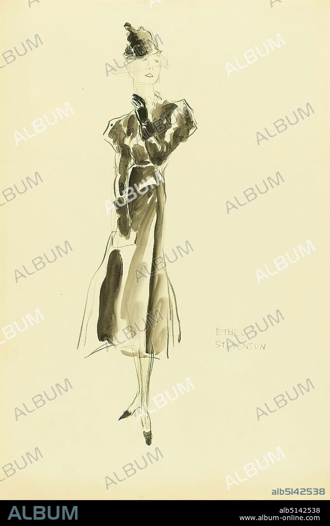 Ernst Dryden, costume design for a film, paper, non-opaque watercolor, pencil, watercolor, drawing, watercolor over lead, Total: Height: 45.8 cm; Width: 30.6 cm, inscribed: recto bottom right: ETHEL STEVENSON, illustrations, dress, fashion, clothing, women's fashion, film actor, actress.