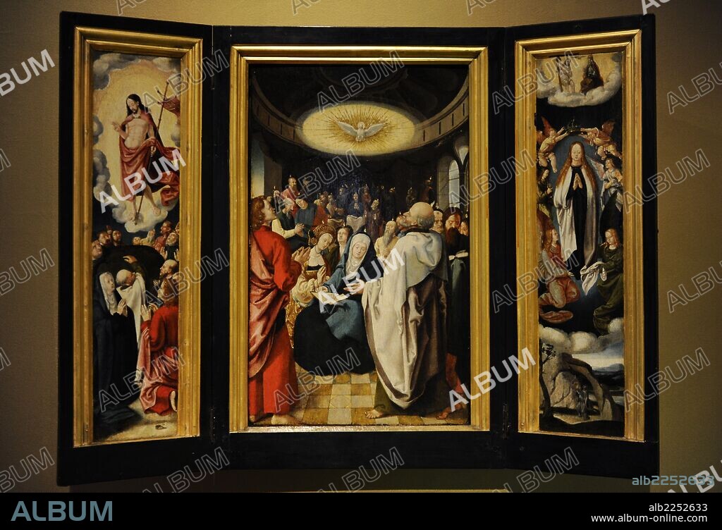LUCAS VAN LEYDEN (seguidor). ARTE RENACIMIENTO. HOLANDA. TRIPTICO. Panel central, Pentecostés o Descendimiento del Espíritu Santo. A la derecha, últimos momentos de la Virgen Maria. Izquierda Cristo resucitado. Autor: Díscipulos del pintor holandés Lucas van Leyden. Segunda mitad siglo XVI. Museum Catharijneconvent. Utrecht. Países Bajos.